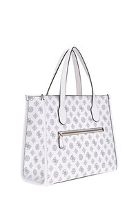Sac fourre-tout blanc avec un motif géométrique gris, doté de deux poignées supérieures, d'une poche avant zippée et d'un bord noir contrasté.