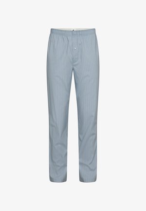 Helle blaue gestreifte Hose mit elastischem Bund, geraden Beinen und einem einzelnen Knopfverschluss. Hergestellt aus einem glatten Stoff.