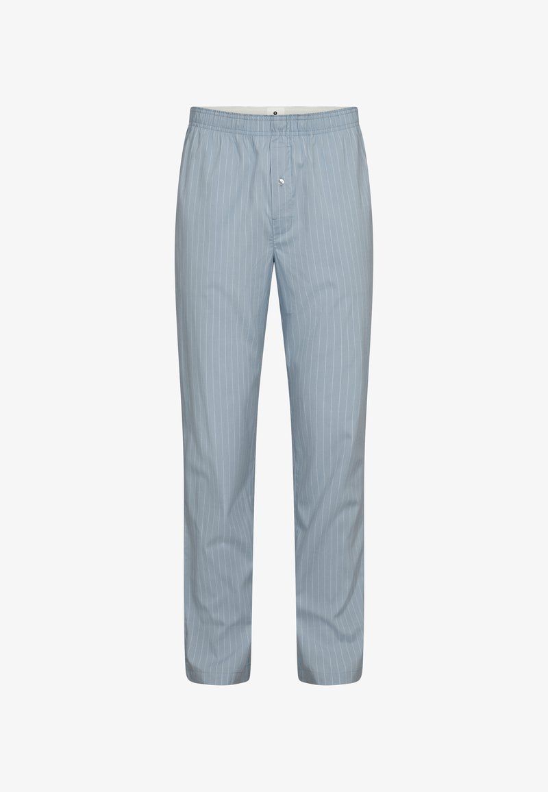 Lyseblå stribede bukser med elastisk talje, lige ben og en enkelt knaplukning. Fremstillet af et glat stof.