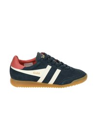 Navy blue suede sneaker with white stripes, gum rubber outsole, and red accents. Features a padded collar and lace-up design. Gola branding present.