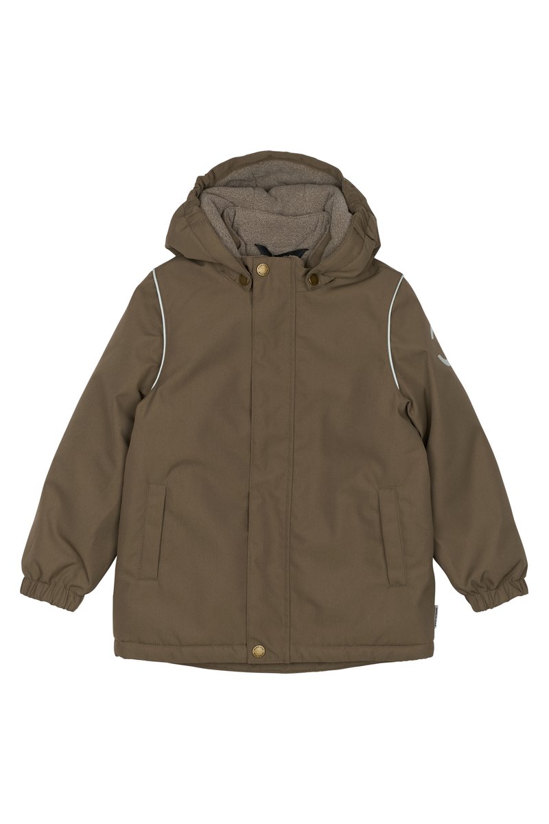 Brown insulated jacket with a hood, featuring light gray accents, side pockets, and elastic cuffs for a snug fit. Soft lining visible in hood.