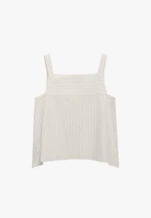 Biela textília tričko s tenkými vertikálnymi pruhmi v svetlo modrej farbe, s širokými ramienkami a voľným, štvorcovým strihom. Mäkká textúra, ležérny dizajn.