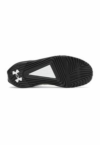 Suela de zapato deportivo negro con un diseño texturizado, que presenta un logo blanco prominente, agarraderas de goma y una sección triangular en blanco.