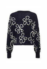 Maglione cropped blu navy con ricami floreali bianchi. Presenta maniche lunghe e polsini a coste. Realizzato in morbido materiale lavorato a maglia con una vestibilità rilassata.