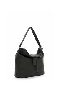 Borsa a mano in pelle nera con un design morbido, tracolla staccabile, chiusura con zip e dettagli decorativi in metallo.