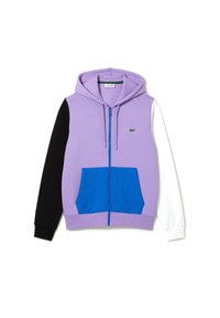 Felpa con cappuccio e zip, caratterizzata da un corpo color lavanda, maniche bianco e nero, tasca frontale blu e un piccolo logo sul petto.