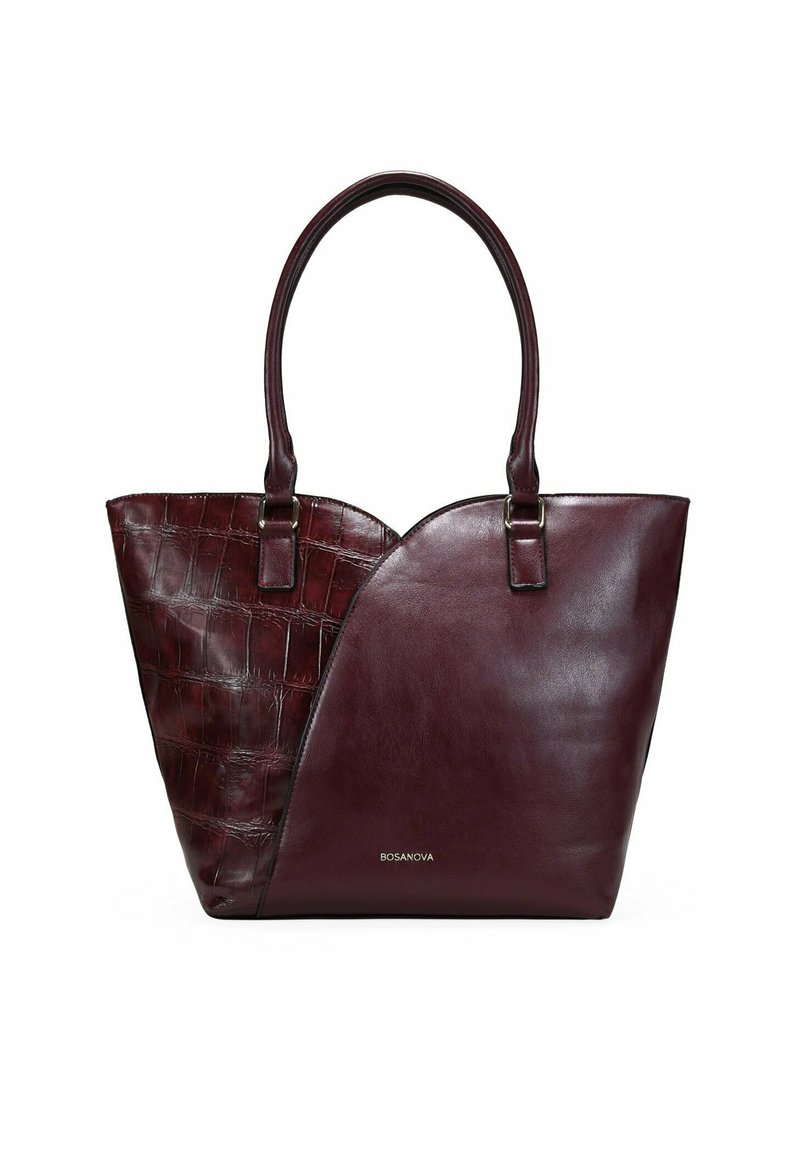 Bolso tote de cuero burdeos con un patrón de cocodrilo texturizado en un lado y un acabado liso en el otro; cuenta con asas dobles y detalle del logotipo.