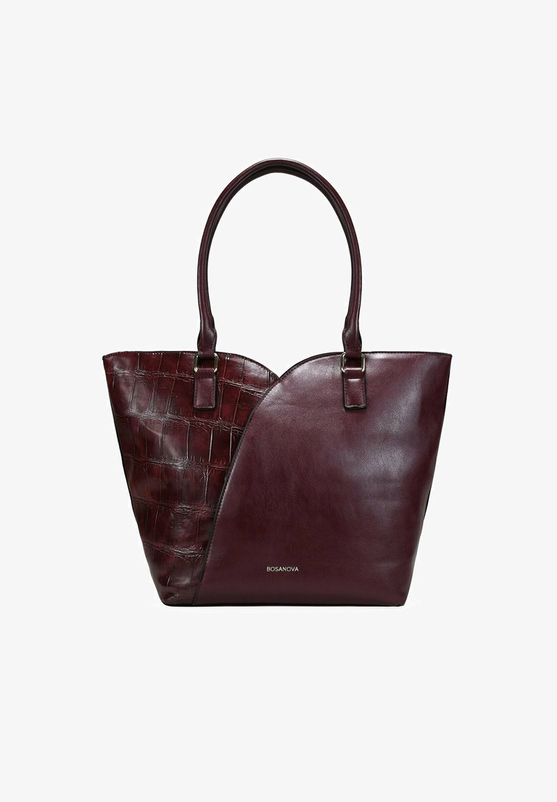 Bolso tote de cuero burdeos con un patrón de cocodrilo texturizado en un lado y un acabado liso en el otro; cuenta con asas dobles y detalle del logotipo.