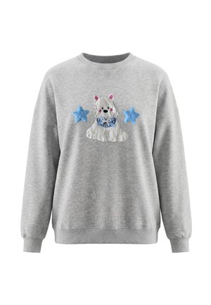 Lysegrå sweatshirt med en tekstureret hvid hund iført en blåternet sløjfe, flankeret af to blå stjerner på brystområdet.