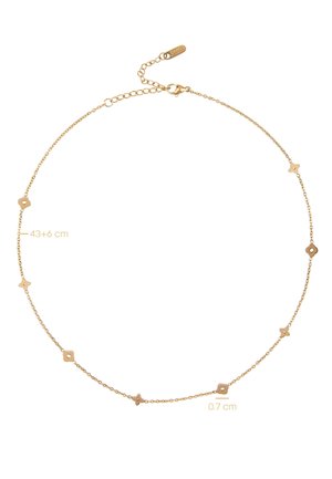 Collier délicat en chaîne d'or avec de petites breloques en forme de fleur, espacées uniformément, longueur réglable et fermeture à mousqueton.