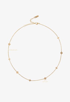 Collier délicat en chaîne d'or avec de petites breloques en forme de fleur, espacées uniformément, longueur réglable et fermeture à mousqueton.