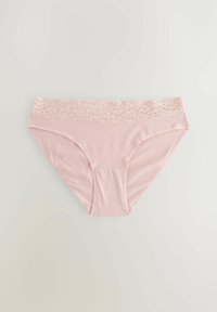 Culotte de bikini en coton rose avec une taille en dentelle décorative, texture lisse et coupe classique.