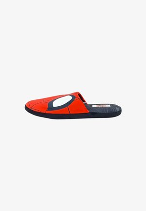 Ciabatta in tessuto rosso con design di Spider-Man caratterizzata da motivi di ragnatela neri e un occhio bianco. Suola nera. Stile slip-on, con retro aperto.