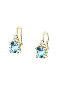 Orecchini in oro con pietra ovale blu, accentuati da piccole pietre trasparenti nella parte superiore. Design elegante a gancio con finitura lucida.