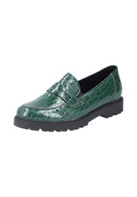 Groene patenten leren loafers met een textuur van krokodillenpatroon, voorzien van een lage zwarte rubberen zool en een decoratief banddetail.