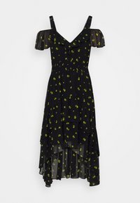 Schwarzes Kalt-Schulter-Kleid mit gelbem Blumenmuster, gerafftem Ausschnitt, mehrlagigem asymmetrischem Saum und taillierter Passform.