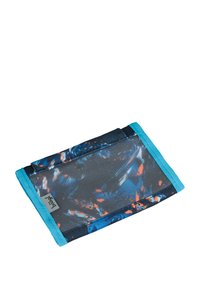 Multi-colored mesh pouch with a dark blue and orange abstract pattern. Features turquoise edges and a small gray tag. Rectangular shape.