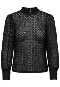 Blusa negra de encaje de manga larga con hombros abullonados, cuello alto y un patrón floral geométrico texturizado.