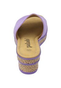 Purple slip-on platform shoe with a textured cork base and smooth leather upper. Features a cushioned sole and a rounded toe design.