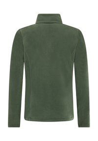 Dunkelgrüne Fleecejacke mit Kragen und langen Ärmeln. Glatte Textur, minimalistische Details und gerader Saum am Ende.
