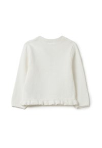 Weißer Strickpullover mit langen Ärmeln, einem Rüschensaum und einem runden Halsausschnitt. Der Stoff hat eine glatte Textur und ein einfaches Design.