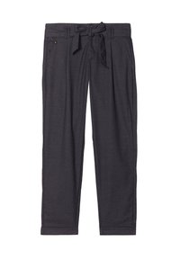 Kolgrå byxor med en slät yta, avsmalnande ben, justerbart snörmidja och två sidofickor.