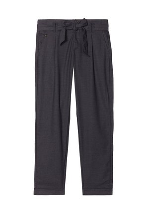 Spodnie w kolorze węgla drzewnego o gładkiej teksturze, zwężających się nogawkach, regulowanym pasku z wiązaniem oraz dwóch bocznych kieszeniach.
