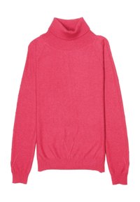 Pull à col roulé fuchsia en tissu doux, avec un motif en losanges texturé et des poignets et un ourlet côtelés.