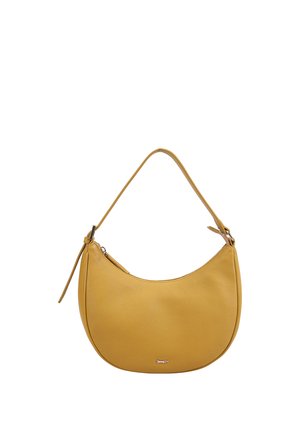 Mosterdgele, halvemaanvormige leren schoudertas met een enkele riem en een klein metalen logo nabij het onderste midden.