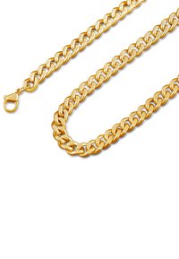 Gouden ketting met in elkaar grijpende schakels, een gladde textuur en een karabijnsluiting, wat de glanzende afwerking benadrukt.