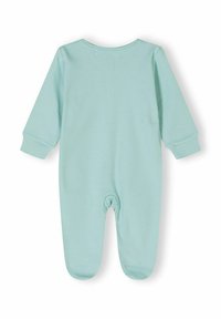 Body de bebé de manga larga color azul claro, hecho de material suave con diseño con pies, escote redondo y puños elásticos. No hay detalles adicionales.