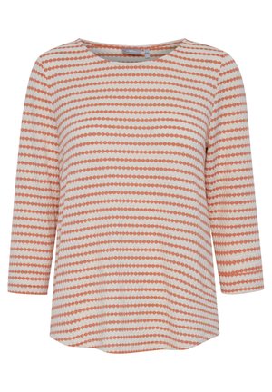 Puuvillasegu top, ringkraega ja kolmeveerandi varrukatega. Esitletakse vaheldumisi koralli ja hallide punktide triibu valgel taustal.