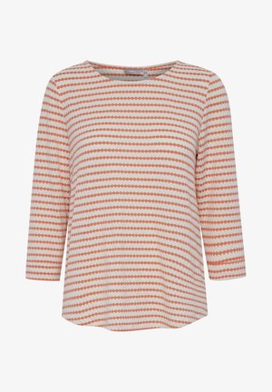 Puuvillasegu top, ringkraega ja kolmeveerandi varrukatega. Esitletakse vaheldumisi koralli ja hallide punktide triibu valgel taustal.