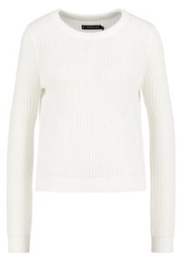 Weißer gestrickter Pullover mit rundem Halsausschnitt und langen Ärmeln, ausgestattet mit einem strukturierten Muster sowie einem gerippten Saum und Bündchen.