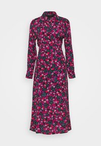 Blumenkleid mit dunklem Hintergrund und rosa, lila und grünen Mustern, langen Ärmeln, einem Kragen und einer Knopfleiste auf der Vorderseite.