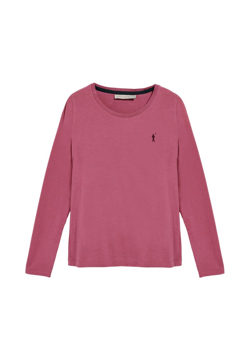 Långärmad, rosa bomullsskjorta med rund halsringning. Har en liten svart logotyp på bröstet. Slät textur och avslappnad stil.