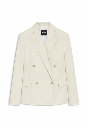 Harmahtavan valkoinen kaksirivinen bleiseri huipuilla varustetuilla kauluskäänteillä, neljällä napilla, kahdella läppätaskulla ja rintataskulla, jonka kauluksen sisäpuolella on BOSS-logo.