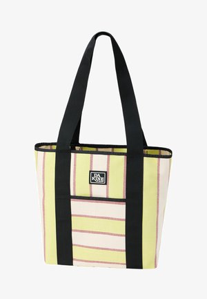 Gestreifte gelb-weiße Tote Bag mit roten Linien, schwarzen Trägern, Fronttasche und einem Dakine Markenlabel in der Mitte vorne.
