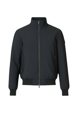 Giacca bomber nera con colletto alto, zip frontale e polsini elastici. Tessuto liscio con una texture leggermente imbottita e tasche laterali.