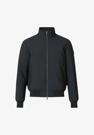 Giacca bomber nera con colletto alto, zip frontale e polsini elastici. Tessuto liscio con una texture leggermente imbottita e tasche laterali.