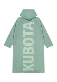 Green waterproof raincoat with a hood, featuring a large vertical "KUBOTA" logo in light color on the back. Simple design and loose fit.