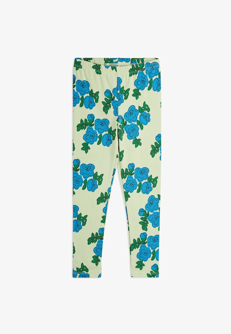 Leggings verde claro con un patrón floral de rosas azules y hojas verdes, fabricados con un material suave y elástico con una cinturilla elástica.