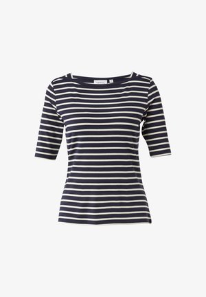 Maglietta a maniche corte a righe blu navy e crema con scollo a barca, realizzata in un tessuto morbido, presenta una silhouette aderente.