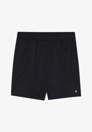 Calções de desporto pretos feitos de um tecido liso e leve, com uma cintura elástica e dois bolsos laterais. Apresenta um pequeno logo na bainha.