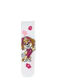 Calzino bianco con un personaggio di cane dei cartoni animati e fiori rosa. Il design presenta un cane con pelo marrone e nocciola, che indossa un outfit rosa.