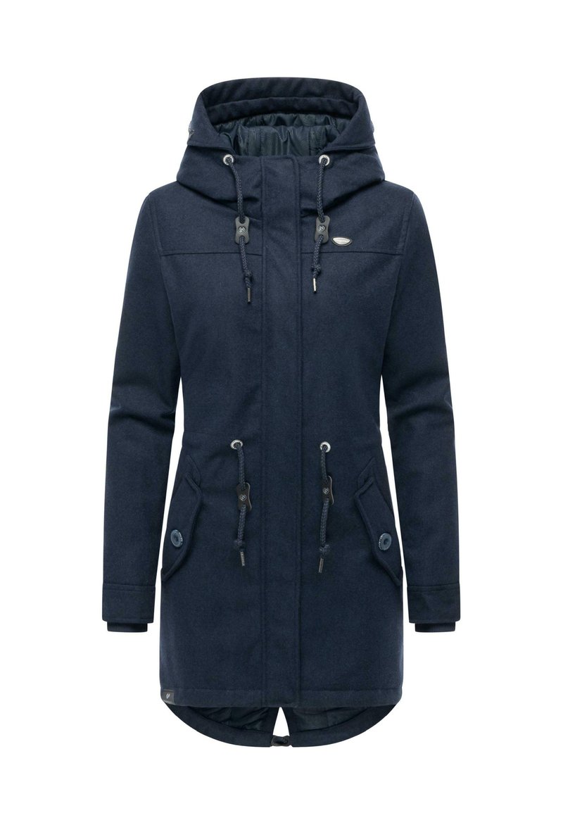 Navy blue parka with a front zipper and drawstring hood, featuring large front pockets, adjustable waist, and ribbed cuffs.
