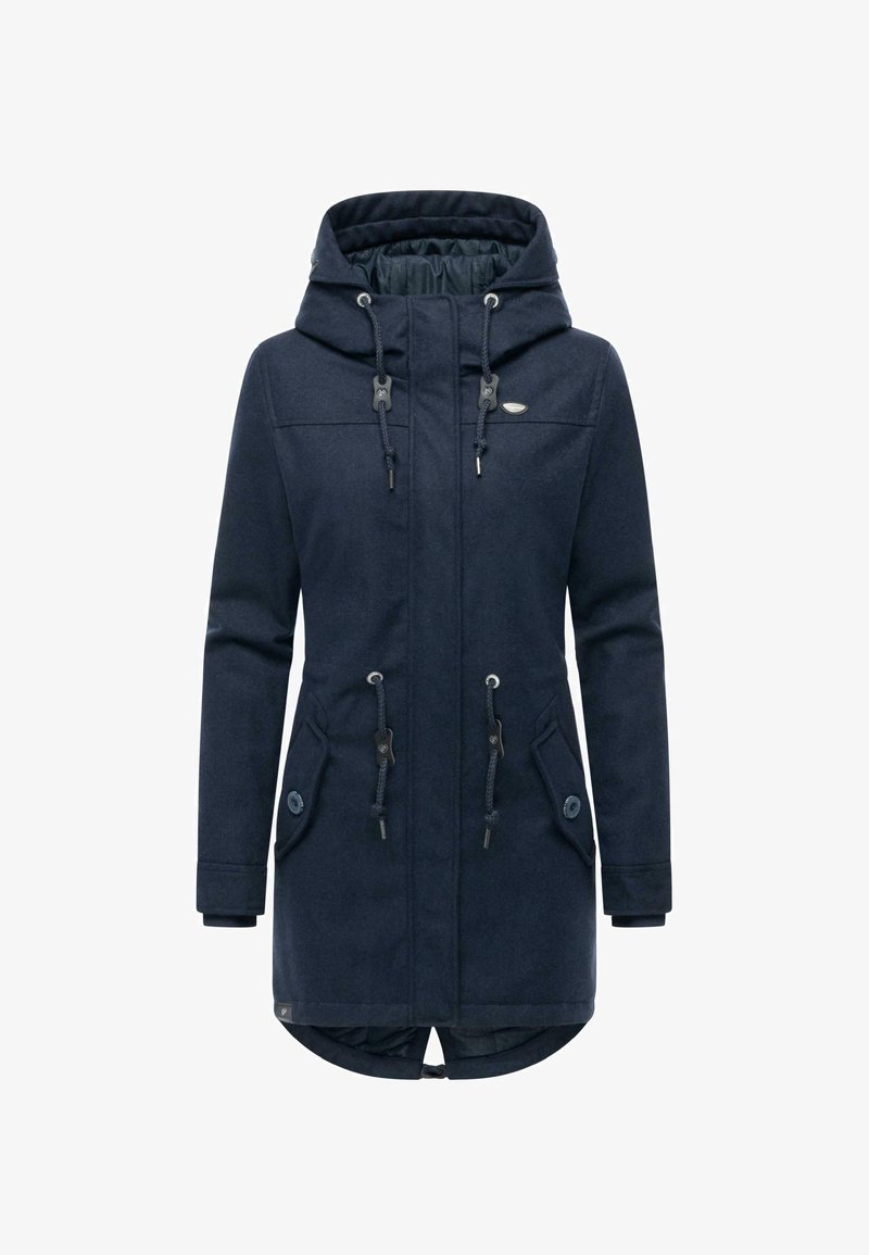 Navy blue parka with a front zipper and drawstring hood, featuring large front pockets, adjustable waist, and ribbed cuffs.