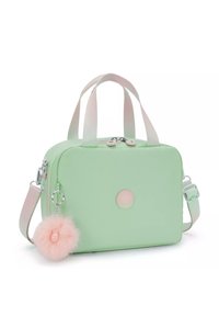 Borsa verde menta con una texture liscia, forma rettangolare, dettagli rosa, hardware in argento e un charm fluffy rosa attaccato.