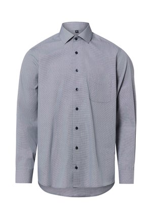 Hellgraues Herrenhemd mit langen Ärmeln, Knopfleiste, Kragen, Brusttasche auf der linken Seite und schwarzen Knöpfen vorne.