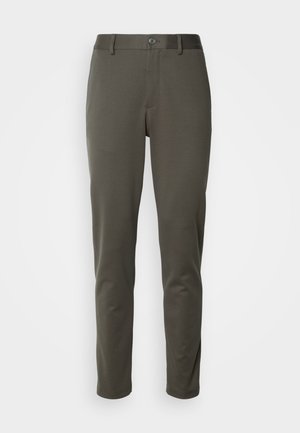 Olive green pants made of stretchy fabric, featuring a buttoned waistband, slim fit, and straight legs without patterns or prominent hardware.